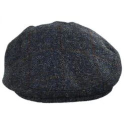 Stornoway Harris Tweed Wool Windowpane Plaid Flat Cap - Navy Blue