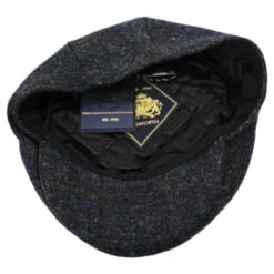 Stornoway Harris Tweed Wool Windowpane Plaid Flat Cap - Navy Blue -Fashion Hat Discount Store 296054