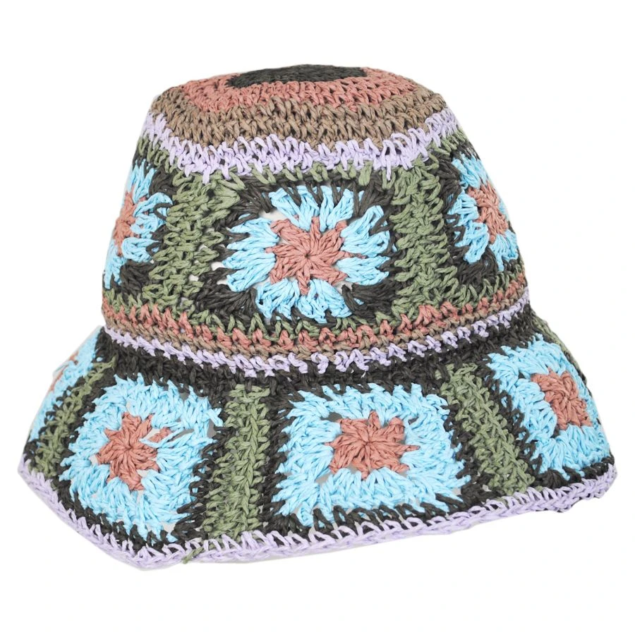 Fergie Granny Square Hand Crochet Toyo Straw Bucket Hat 4 Fergie Granny Square Hand Crochet Toyo Straw Bucket Hat - Image 2